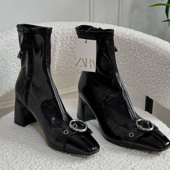 ZARA Buckled Ankle Boots NWT | Patent Faux Leather Block Heel Size 10 - Picture 5 of 12